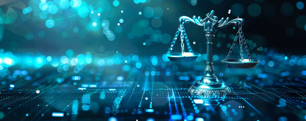 A digital interface displaying the scales of justice hovering over a transparent grid with floating data points and legal symbols. 