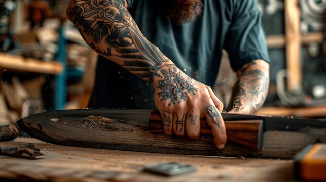 A man with a tattoo on his arm is seen working on a piece of art with a piece of wood.
