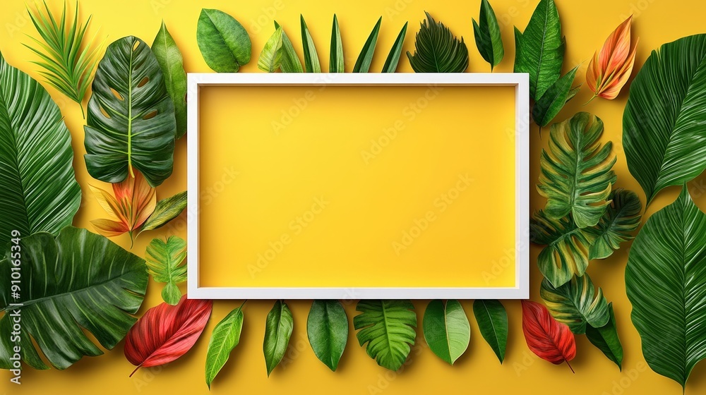 Poster bright yellow background features a collection of tropical leaves arranged around an empty white fra