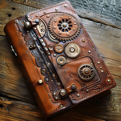 Intricately Designed Vintage Leather Journal With Steampunk Gears on Rustic Wooden Table