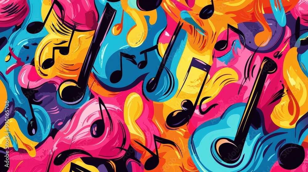 Poster abstract design showcasing whimsical musical notes in a mix of vibrant colors creating an energetic 