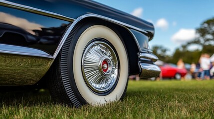 A vintage automobile showcases its elegant whitewall tires on a grassy field during an outdoor summer auto show, with spectators admiring nearby classic cars under a clear blue sky.