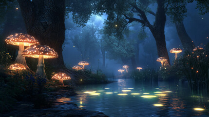 magical fantasy forest with glowing mushroom