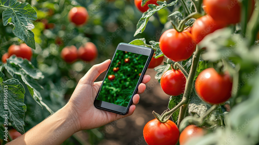 Poster a person holds a smartphone showing a close-up of tomatoes while surrounded by vibrant tomato plants