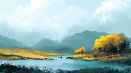 fantasy lake landscape with the mountains