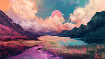 fantasy lake with clouds landscape background