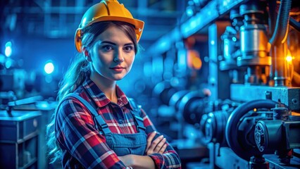 Professional Young Woman in Work Clothes Standing in an Industrial Factory Setting with Equipment