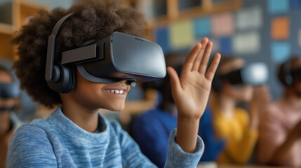 Diverse cute elementary student using visual reality goggles while learning about metaverse. Group of multicultural children playing game while connect simulated world by wearing VR glasses.