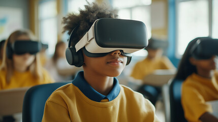Diverse cute elementary student using visual reality goggles while learning about metaverse. Group of multicultural children playing game while connect simulated world by wearing VR glasses.