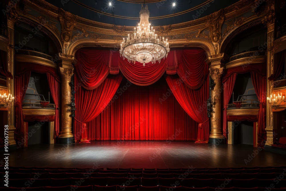 Aufkleber A grand stage is adorned with red curtains and a stunning chandelier, setting the scene for an upcoming performance in an ornate theater