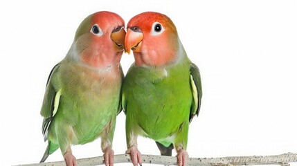 Two lovebirds snuggle close together