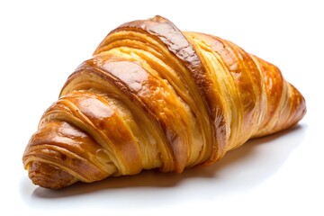 Golden brown croissant with a delicate, crisp finish, closeup, against a white background