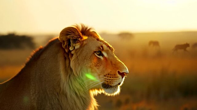 A lion observes the horizon as the sun sets, while a herd of grazing animals roams peacefully in the distance