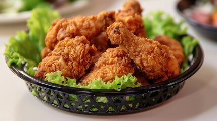 Close-Up of Crispy Fried Chicken Wings in a Basket with Fresh Lettuce.