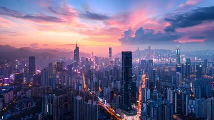 Fototapeta premium Aerial view of a city at dusk with skyscrapers, clouds, and vibrant sky hues.