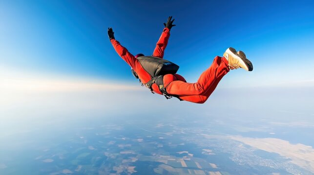 Exhilarated Skydiver is Enjoying the Breathtaking Feeling of Free Falling through the Clear Blue Sky