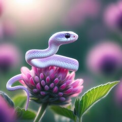 Fototapeta premium Close-up of a small violet snake with a white belly standing on a beautiful flower