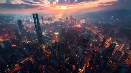 Obraz premium Aerial view of a city at dusk with skyscrapers, clouds, and vibrant sky hues.