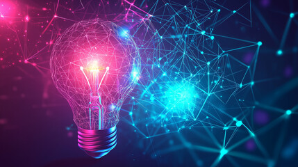 Abstract light bulb made of glowing dots and lines on a dark background, representing the concept of innovation and technology evolution. This illustration features a digital network connection in the