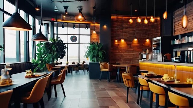 Modern Restaurant Interior with Exposed Brick Wall, Large Windows, and Warm Lighting