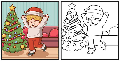 Happy kid celebration christmas coloring page vector illustration