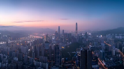 Fototapeta premium Aerial view of a city at dusk with skyscrapers, clouds, and vibrant sky hues.