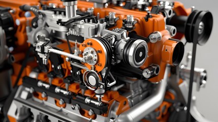A close up of a car engine with orange and silver parts. The engine is shown in detail, with the pistons and valves clearly visible. Concept of precision and engineering