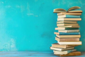 Fototapeta premium A stack of open books on a wooden table isolated against a blue background. Space for copy. Reading and leisure concept.