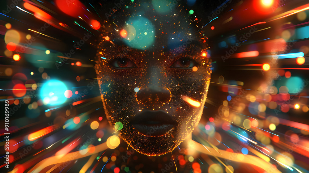 Sticker Abstract Background with Woman's Face and Colorful Lights