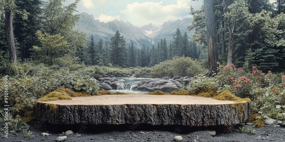 Wall mural Wooden Tree Stump Platform in a Lush Forest Setting