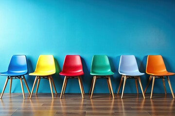 Obraz premium Vibrant rows of chairs in various colors against a gradient blue wall, symbolizing diverse job openings and opportunities in a modern human resources setting.