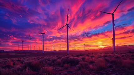 A wind farm at sunset, with the silhouettes of wind turbines standing tall against a colorful sky, generating renewable energy