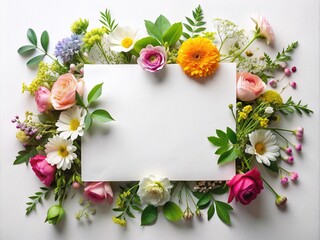 Delicate, colorful flowers and lush greenery entwine a crisp, blank white sheet of paper, creating a serene and elegant atmosphere perfect for writing or design.