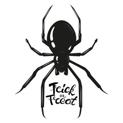 ПечатьTrick or Treat Lettering in the Centre of Spiders Pedipalps. Black Widow Spider Silhouette vector illustration on white. Good as a design element to Halloween Holidays.