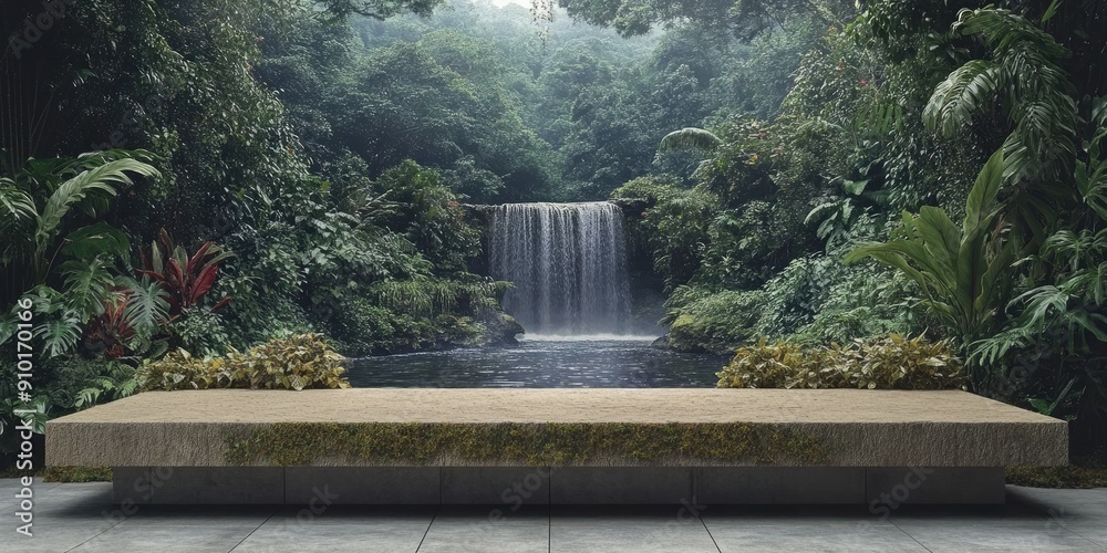 Poster Stone Platform Before Lush Waterfall in Tropical Jungle