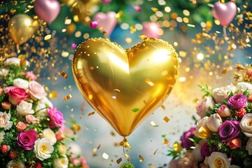 Vibrant gold heart-shaped balloon floats above a lavish celebration, surrounded by confetti and flowers, capturing the joy and romance of a wedding or special occasion.