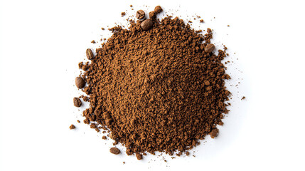 Top View of Heap of Ground Coffee Isolated on White Background, Freshly Ground Coffee Beans, Rich Coffee Texture, Aromatic Coffee Powder, High-Quality Coffee Image, Coffee Ingredient