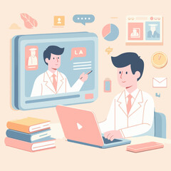 Concept illustration of online courses, distance studying, self education, digital library. E-learning banner. Online education. Vector illustration in flat style