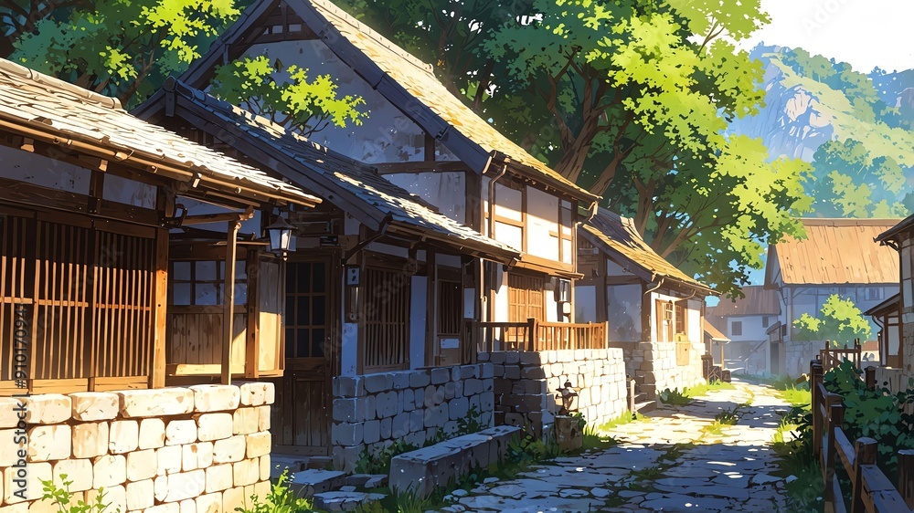 Poster rustic village charming village with traditional archi flat anime