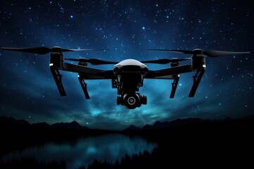 A silhouetted drone against a starry night sky.