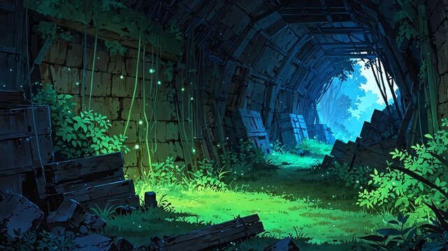 secret hideout hidden base or lair in an isolated loca flat anime