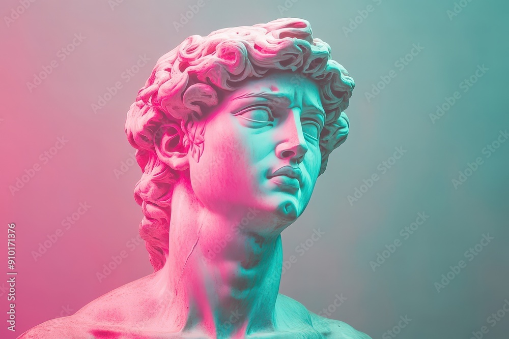 Poster a striking representation of a classical statue, featuring vibrant colors and soft lighting that enh