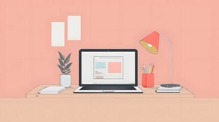 Flat vector illustration of modern minimalist workspace with laptop on modern desk. The web page shown is designed with focus on user experience and visual appeal.