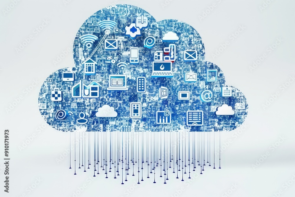 Aufkleber A digital representation of cloud computing features various icons symbolizing technology and connectivity