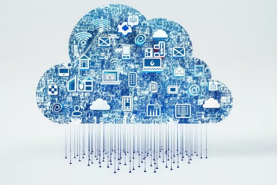 A digital representation of cloud computing features various icons symbolizing technology and connectivity