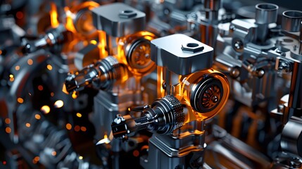 Fototapeta premium Intricate 3D engine schematic with explosive views of the fuel injectors, intake valves, and camshaft timing