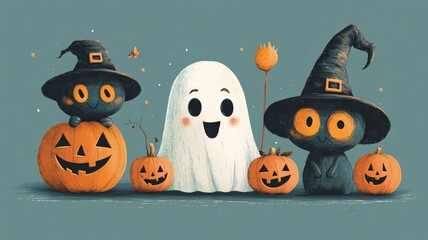 Obraz premium A whimsical Halloween illustration featuring a smiling ghost, adorable black cat witches, and carved pumpkins, perfect for festive decor or Halloween-themed designs.