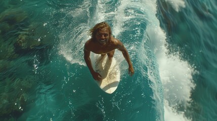 A surfer skillfully navigates a vibrant wave, showcasing excitement and skill under the bright sun at a beautiful coastal location