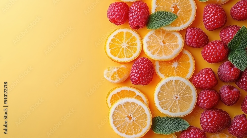 Poster slices of lemons and clusters of raspberries are artfully arranged against a vibrant yellow backdrop