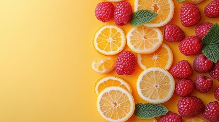 Slices of lemons and clusters of raspberries are artfully arranged against a vibrant yellow backdrop, highlighting their freshness and color contrast
